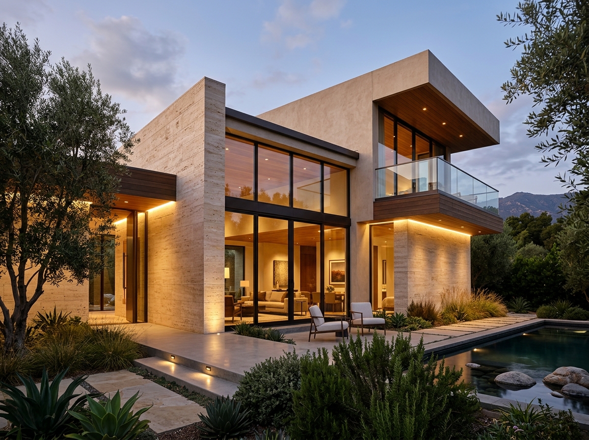 Zamonaviy villa fassadi — mineral travertin relyefi